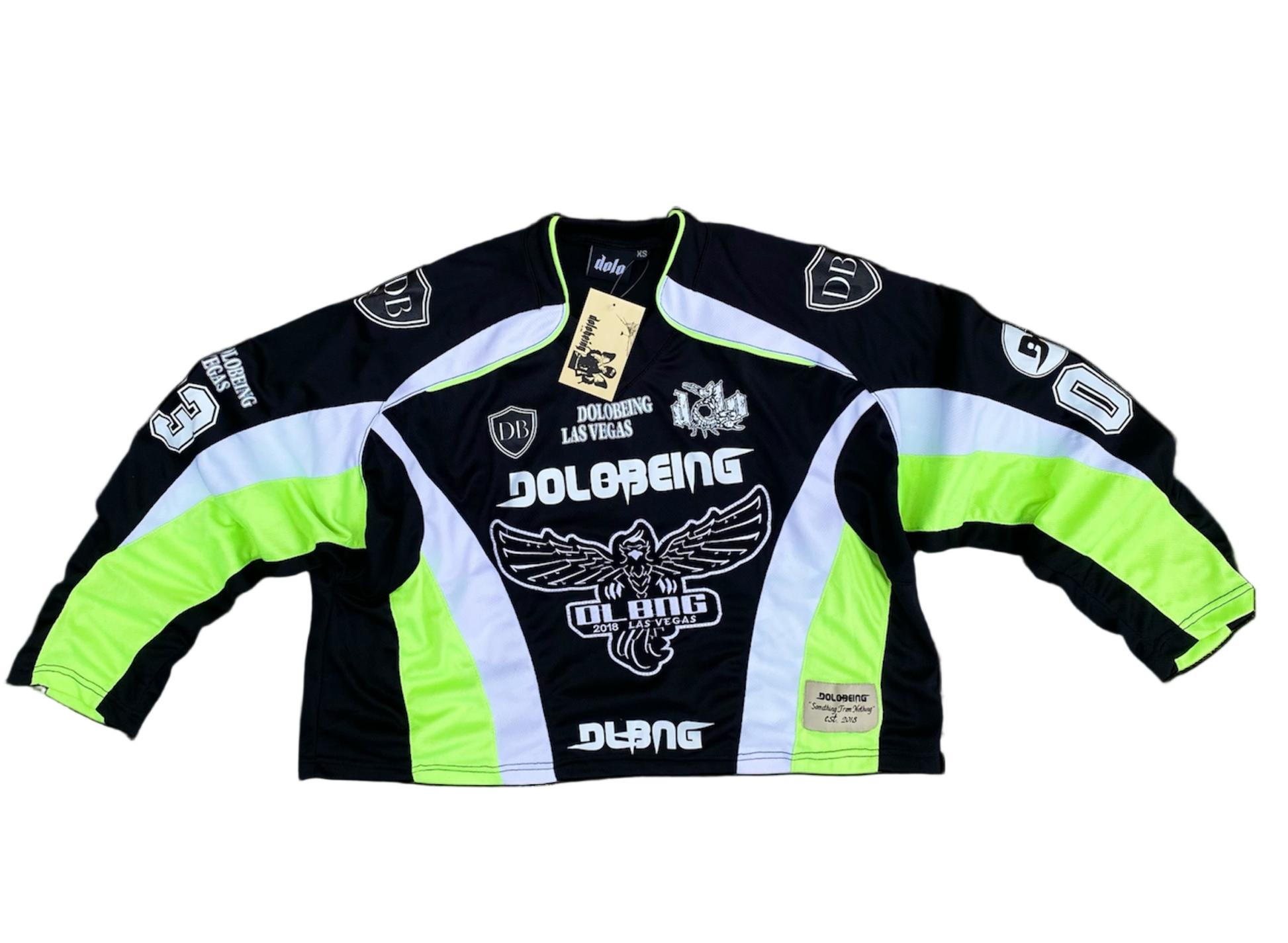 Motorcycle racing jersey with branding on a white background